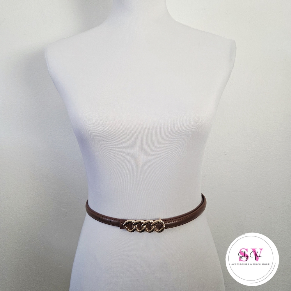 Thin Brown Belt With Chain Like Gold Buckle